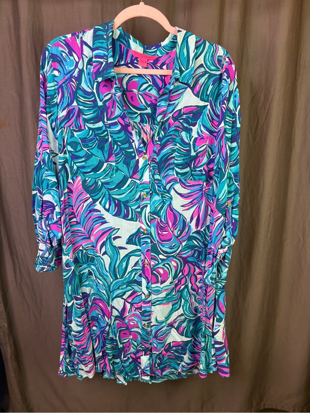 Lilly Pulitzer Teal, Turquoise & Pink Long-Sleeve Shirt Dress